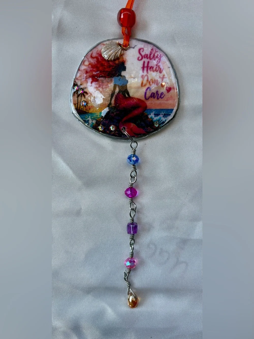 Decoupage Mermaid 'Salty Hair Don't Care' Crystal Sand Dollar Suncatcher